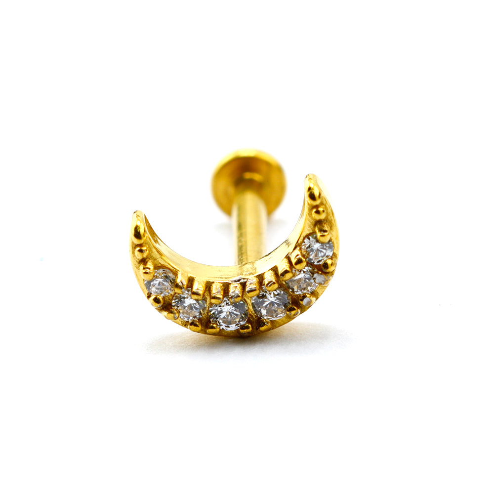 18K Gold Steel Labret mit Zirkonia im Mond Design mit Innengewinde - Stärke 1.2mm