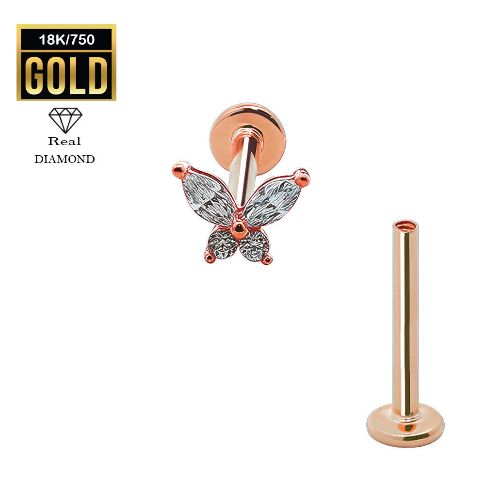 750er Echt-Rosegold (18K) Labret mit Innengewinde und Diamanten im Schmetterling Design - Stärke 1.2mm Länge 8mm