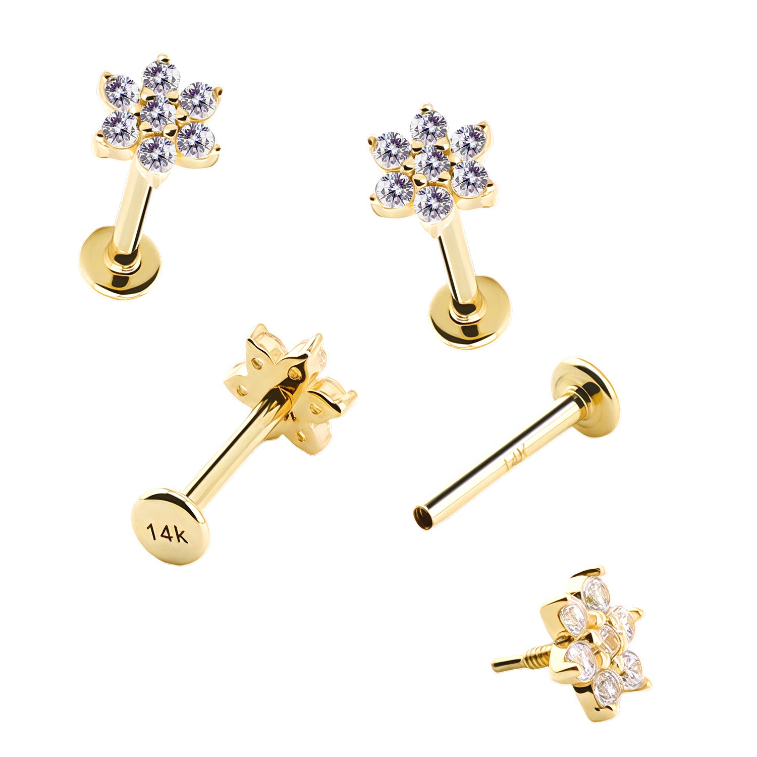 585er Echt-Gelbgold (14K) Labret mit Innengewinde und synthetischem Diamanten im Blumen Design - Stärke 1.0mm Länge 8mm