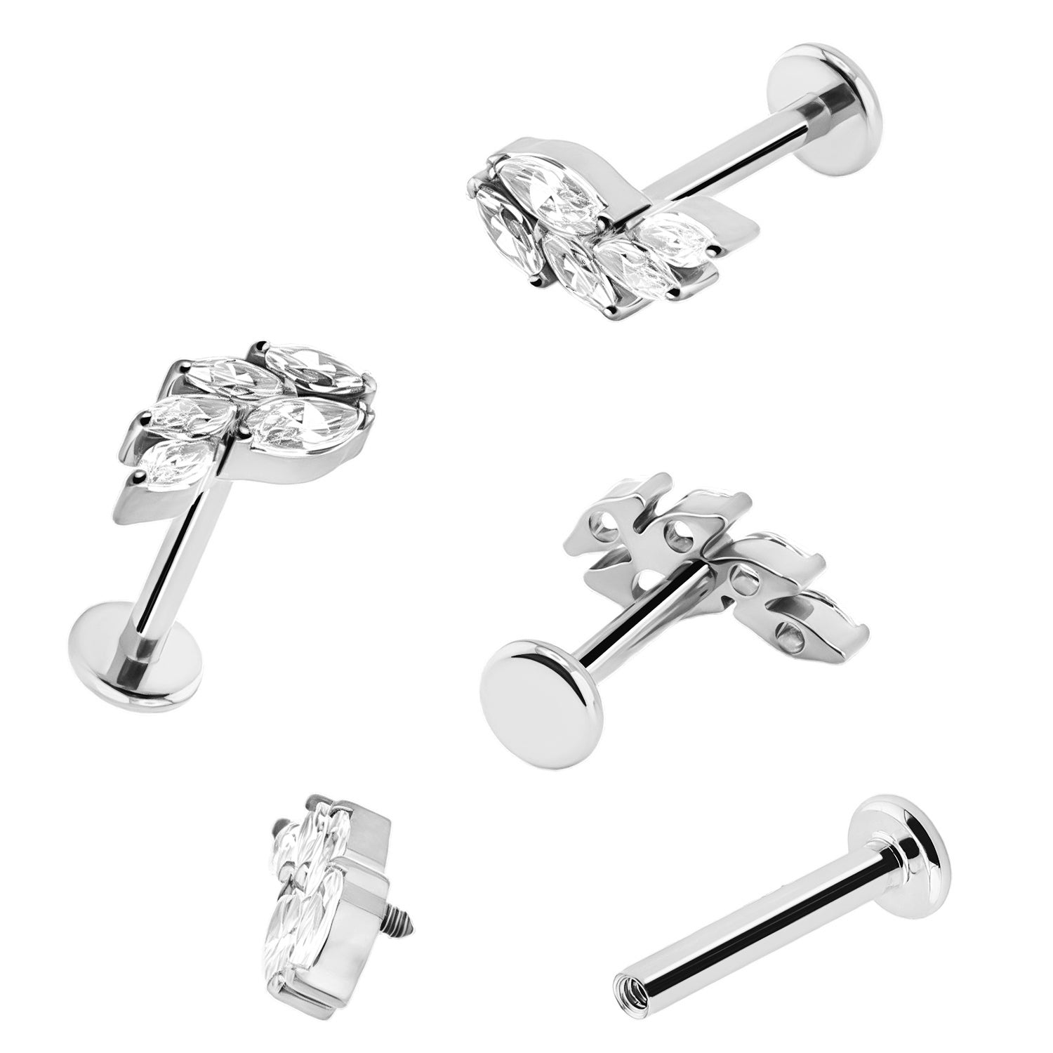 Premium Labret aus Titan G23 mit Weißgold Veredelung und Premium Kristallen - Stärke 1.2mm mit Innengewinde 0.9mm - Länge 8mm