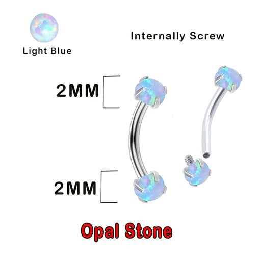 Steel 316L Banana mit 2mm Light Blue Opal Ball in Krabbenfassung und Innengwinde - Stärke 1.2mm Länge 8mm