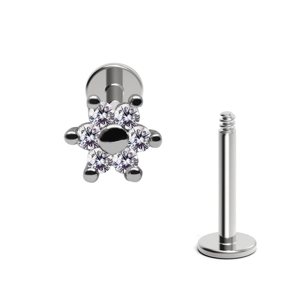 Steel 316L Helix Labret im Blumen Design mit Kristallen - Kristallklar - Stärke 1.2mm