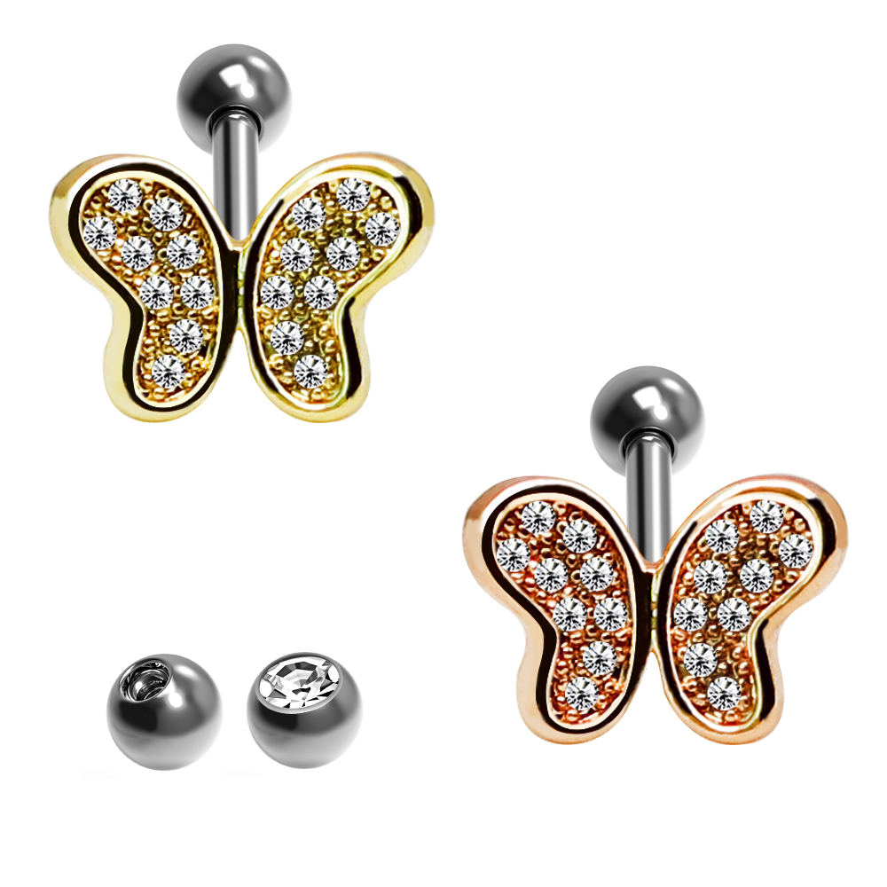 Steel 316L Barbell im Schmetterling Design mit Kristallen - Kristallklar