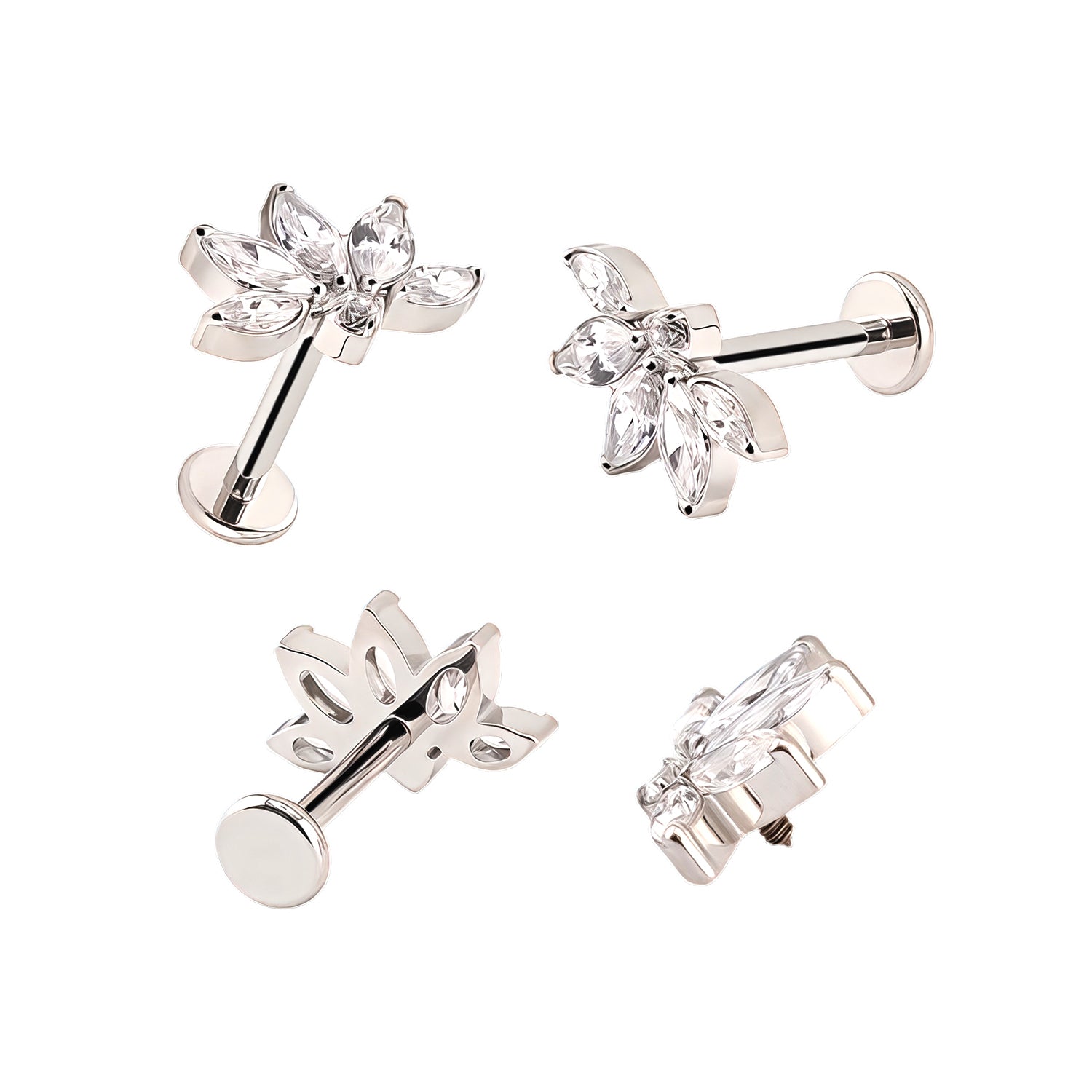 Premium Labret aus Titan G23 mit Weißgold Veredelung und Zirkonia Design - Stärke 1.2mm mit Innengewinde 0.9mm - Länge 8mm