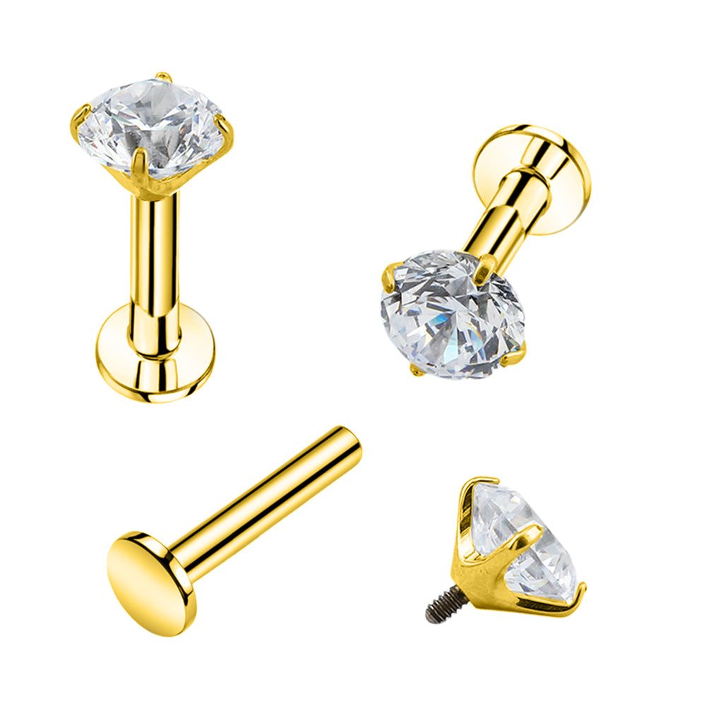 Premium Labret aus Titan G23 mit Gelbgold Veredelung und Zirkonia in Krabbenfassung - Stärke 1.2mm mit Innengewinde 0.9mm