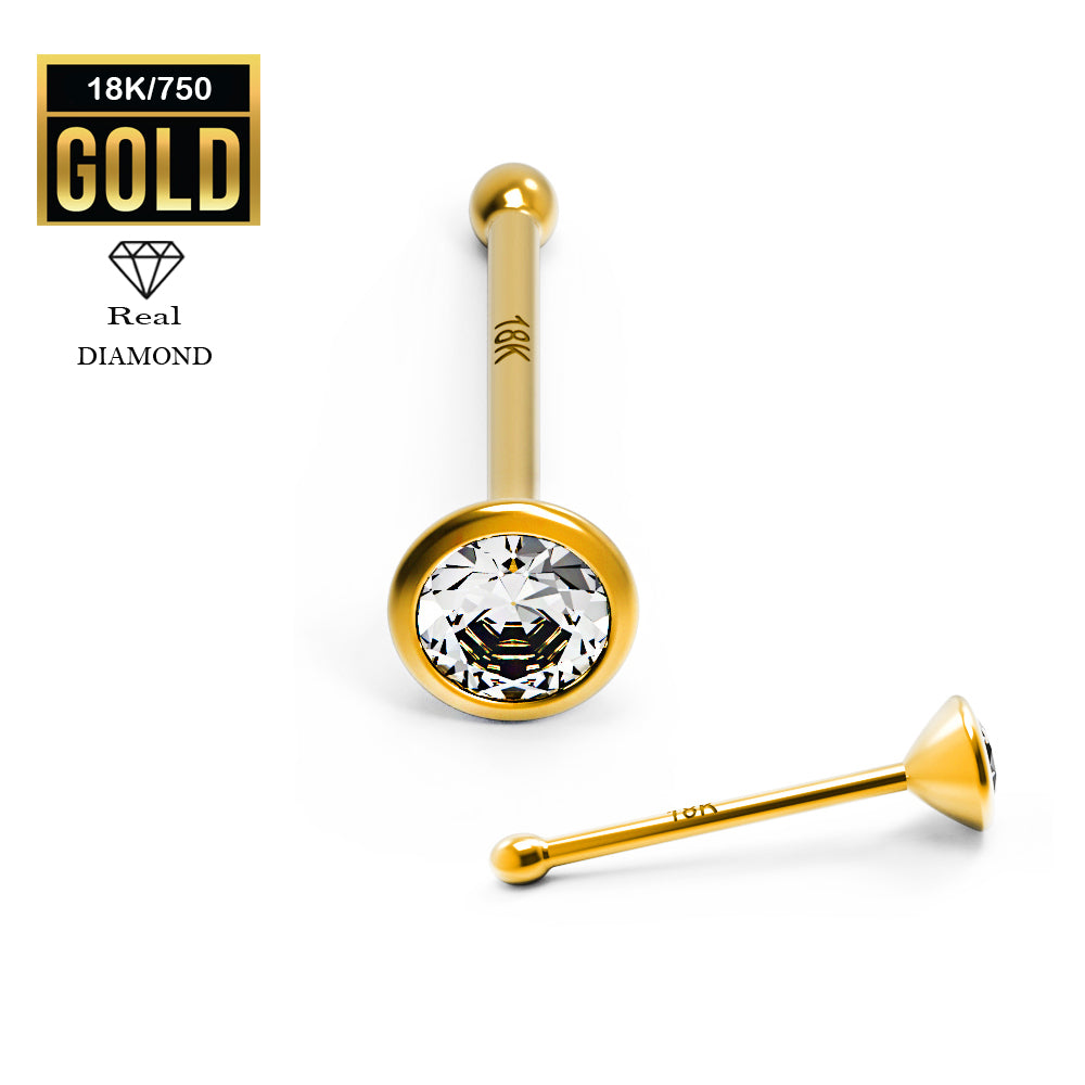 750er Echt-Gelbgold (18K) Nasenstecker mit 2.4mm Diamant - Stärke 0.6mm Länge 6mm