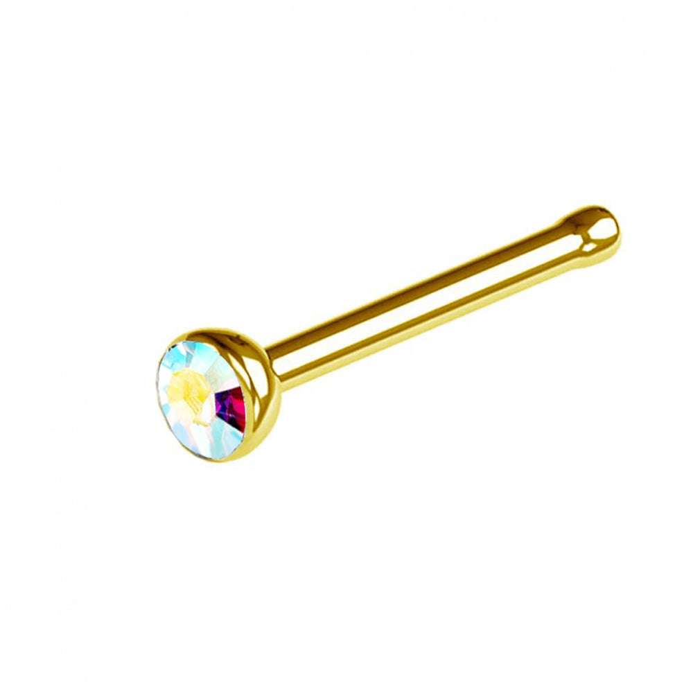 18K Gold Steel Nasenstecker mit Kristall - CC Kristallklar - Stärke 0.8mm Kristall 2mm
