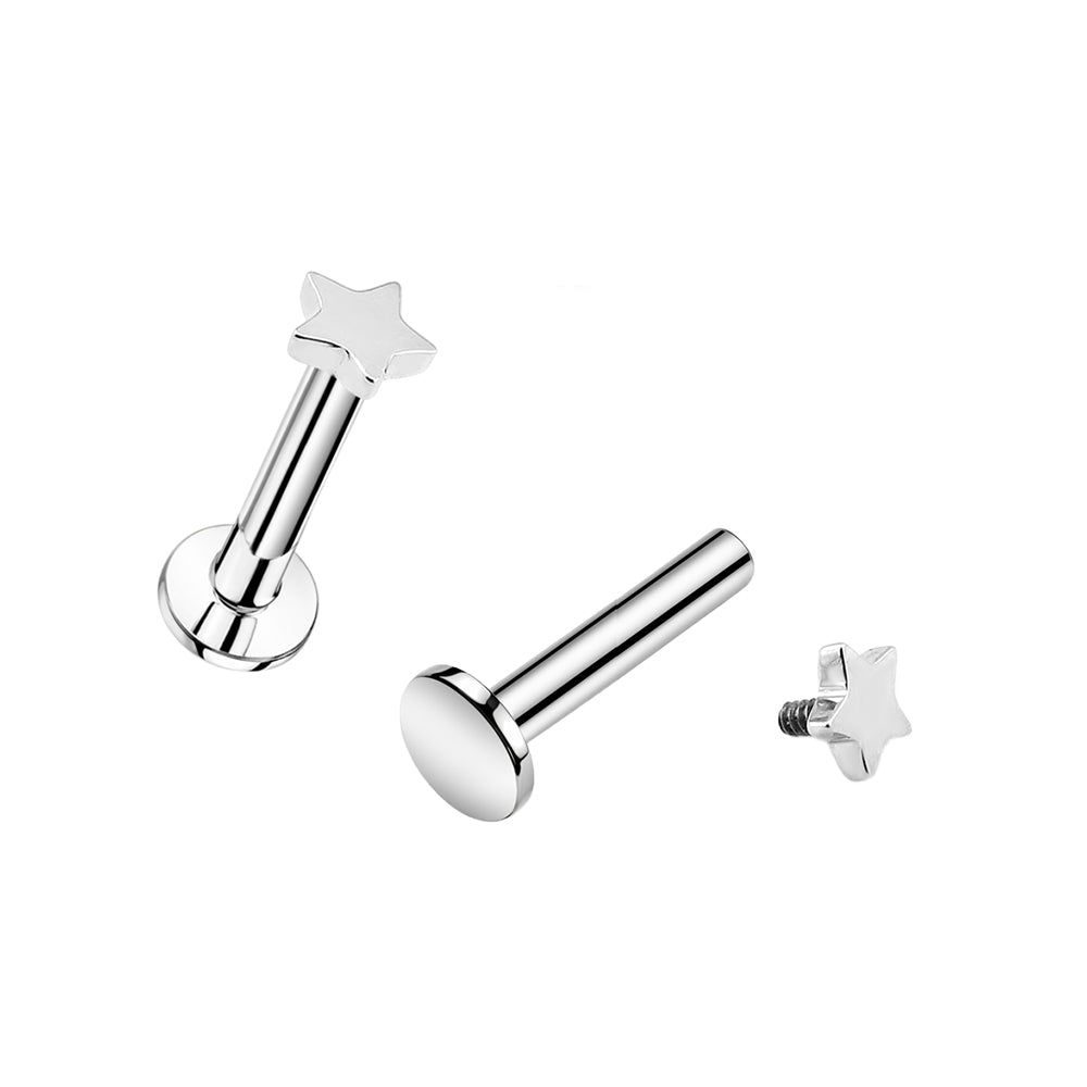 Premium Labret aus Titan G23 mit Weißgold Veredelung und Stern Design - Stärke 1.2mm mit Innengewinde 0.9mm