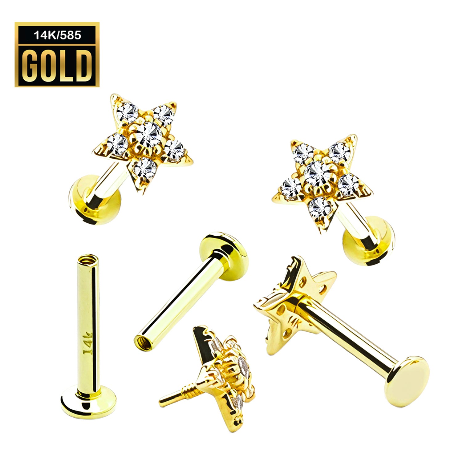 585er Echt-Gelbgold (14K) Labret mit Innengewinde und Cubic Zirkonia im Stern Design - Länge 8mm