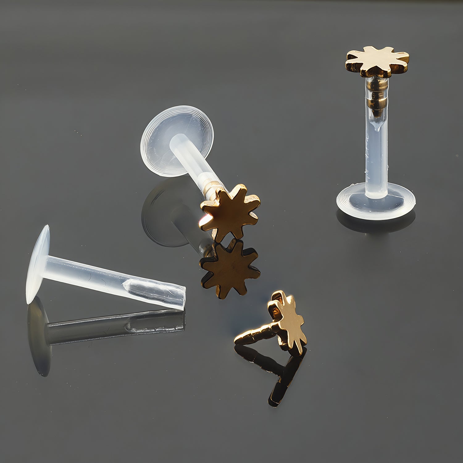 Push-In Bioflex Labret mit Rose Gold Steel Top im Blumen Design - Stärke 1.2mm Länge 8mm
