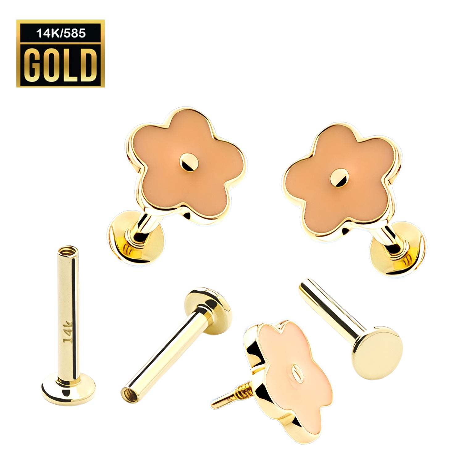 585er Echt-Gelbgold (14K) Labret mit Innengewinde und Enamel Blüten Design - Länge 8mm