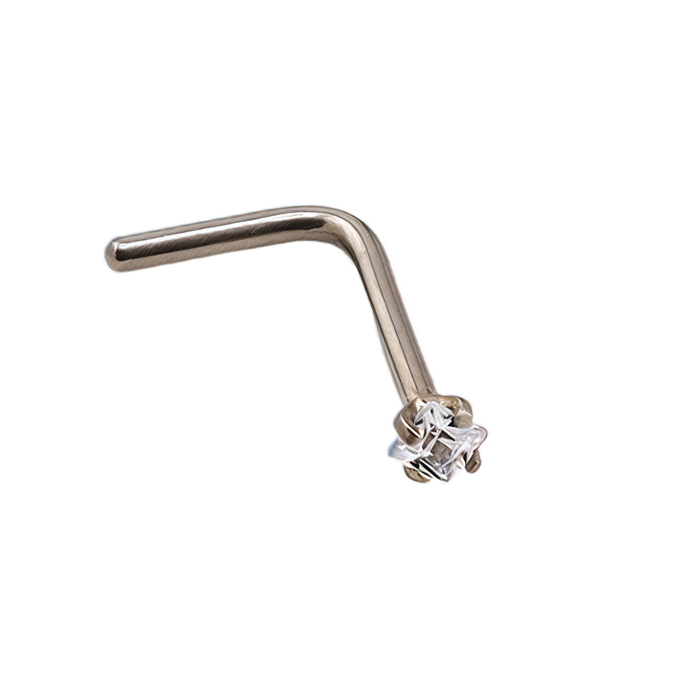 Steel 316L L-Form Nasenspirale mit quadratischem Kristall in Krabbenfassung - CC Kristallklar - Stärke 0.8mm Länge 7mm Kristall 2mm