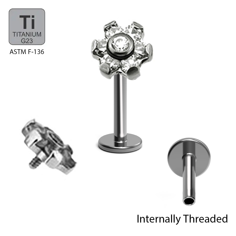Titan G23 Labret mit Innengewinde und Zirconia im Blumen Design