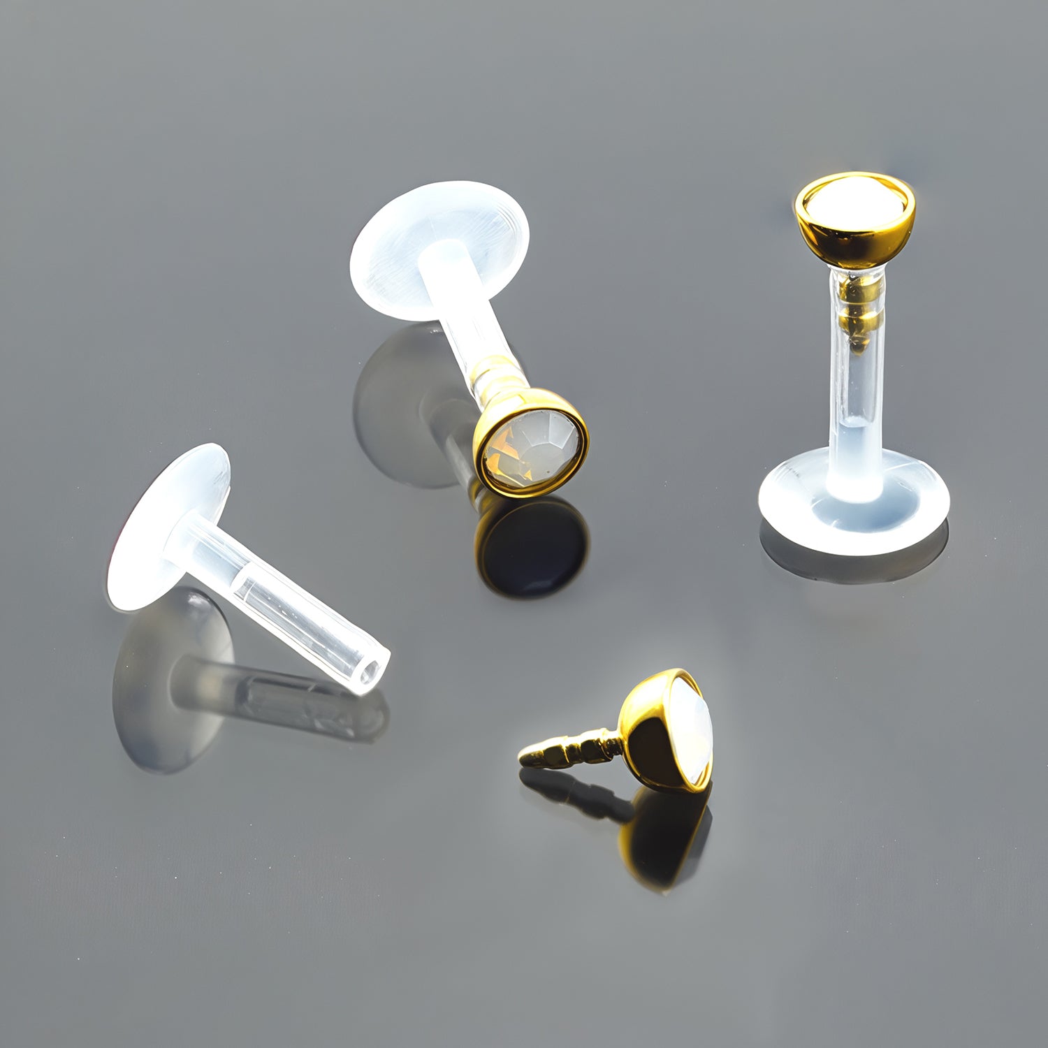 Push-In Bioflex Labret mit Gold Steel Top und 3mm Opal Kristall in Weiss - Stärke 1.2mm