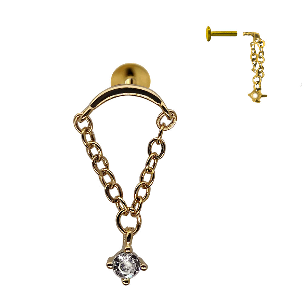 18K Gold Steel Hidden Helix/Rook Labret mit Kette und Kristall - Stärke 1.2mm