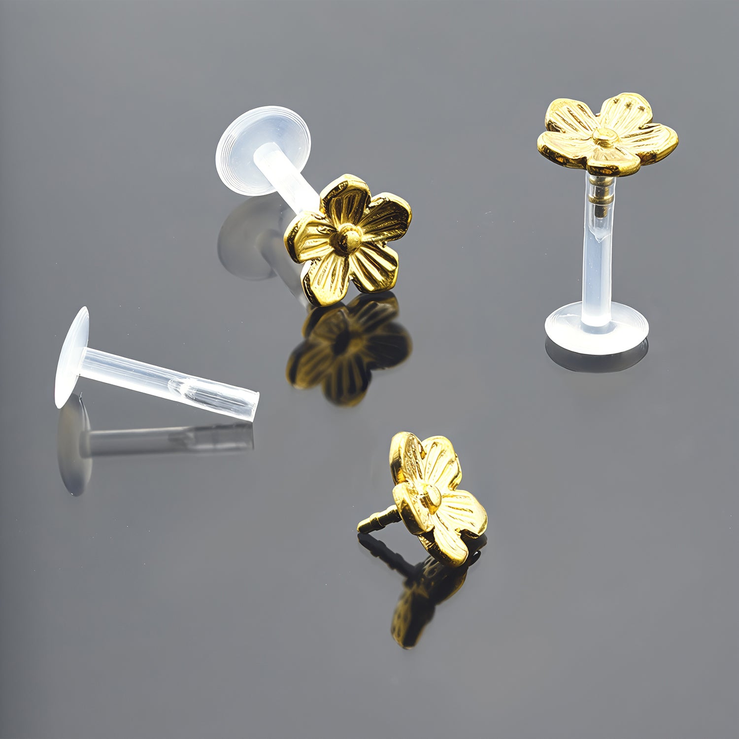Push-In Bioflex Labret mit Gold Steel Top im Blumen Design - Stärke 1.2mm Länge 8mm