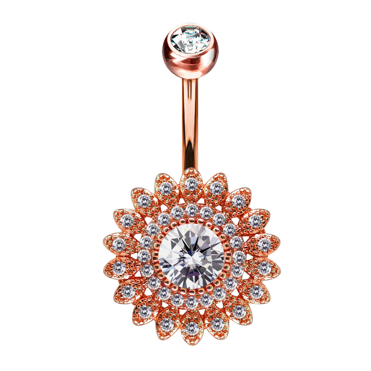 18K Rose Gold Steel Bauchnabel Banana im Blumen Design mit Kristallen - CC Kristallklar