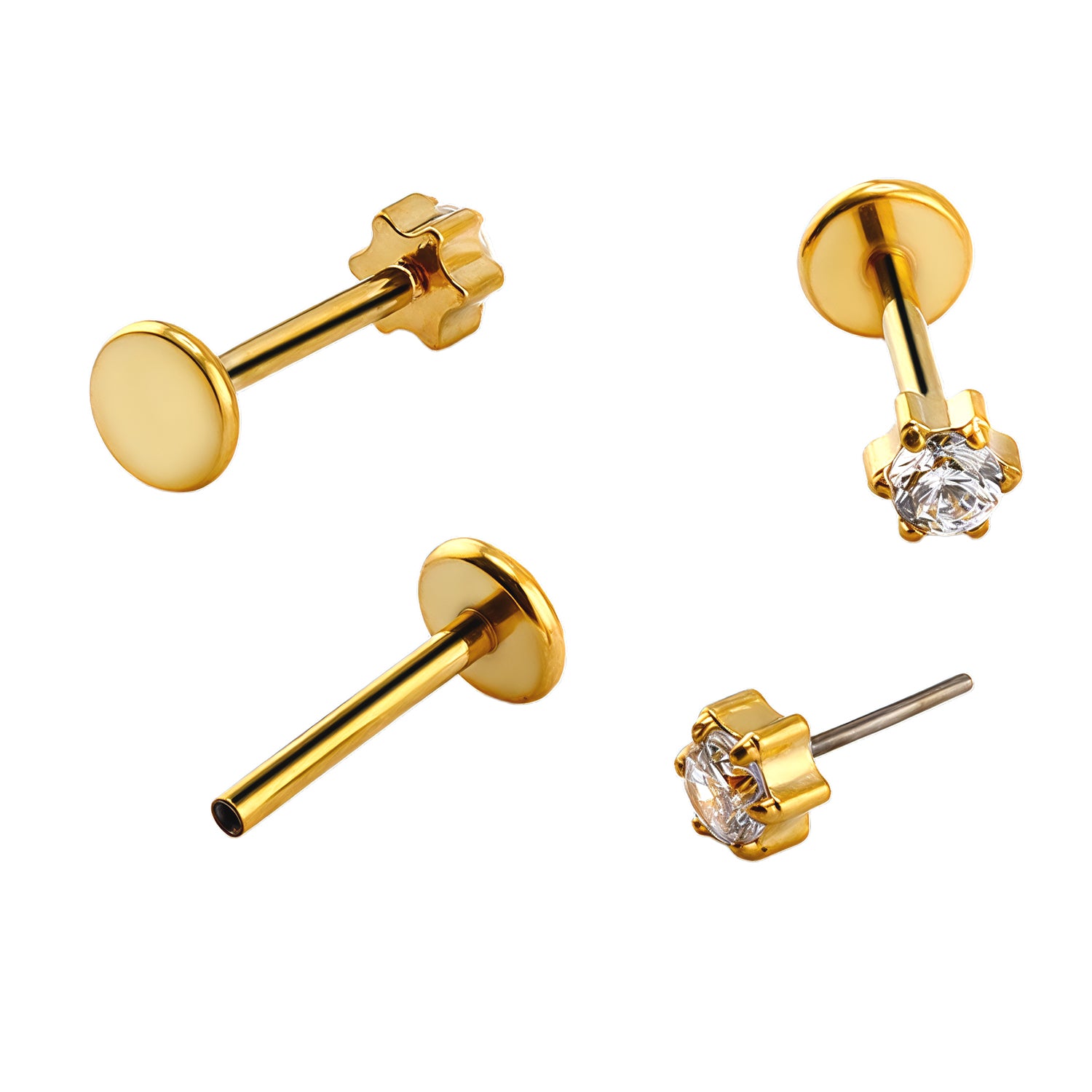 Premium Push-in Labret aus Titan G23 mit Gelbgold Veredelung und 3mm Zirkonia Top in Krabbenfassung - Stärke 1.0mm Länge 8mm