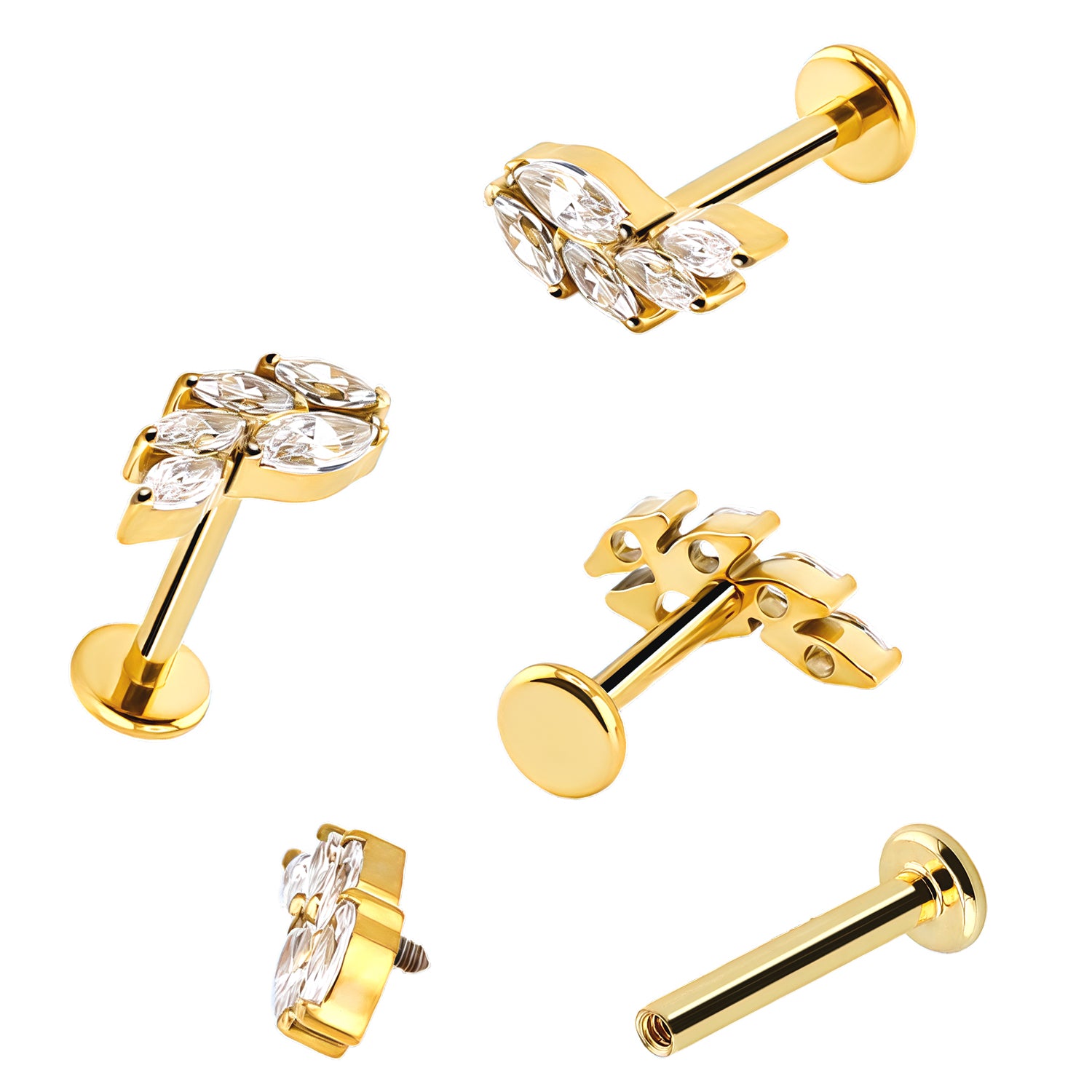 Premium Labret aus Titan G23 mit Gelbgold Veredelung und Zirkonia Design - Stärke 1.2mm mit Innengewinde 0.9mm - Länge 8mm