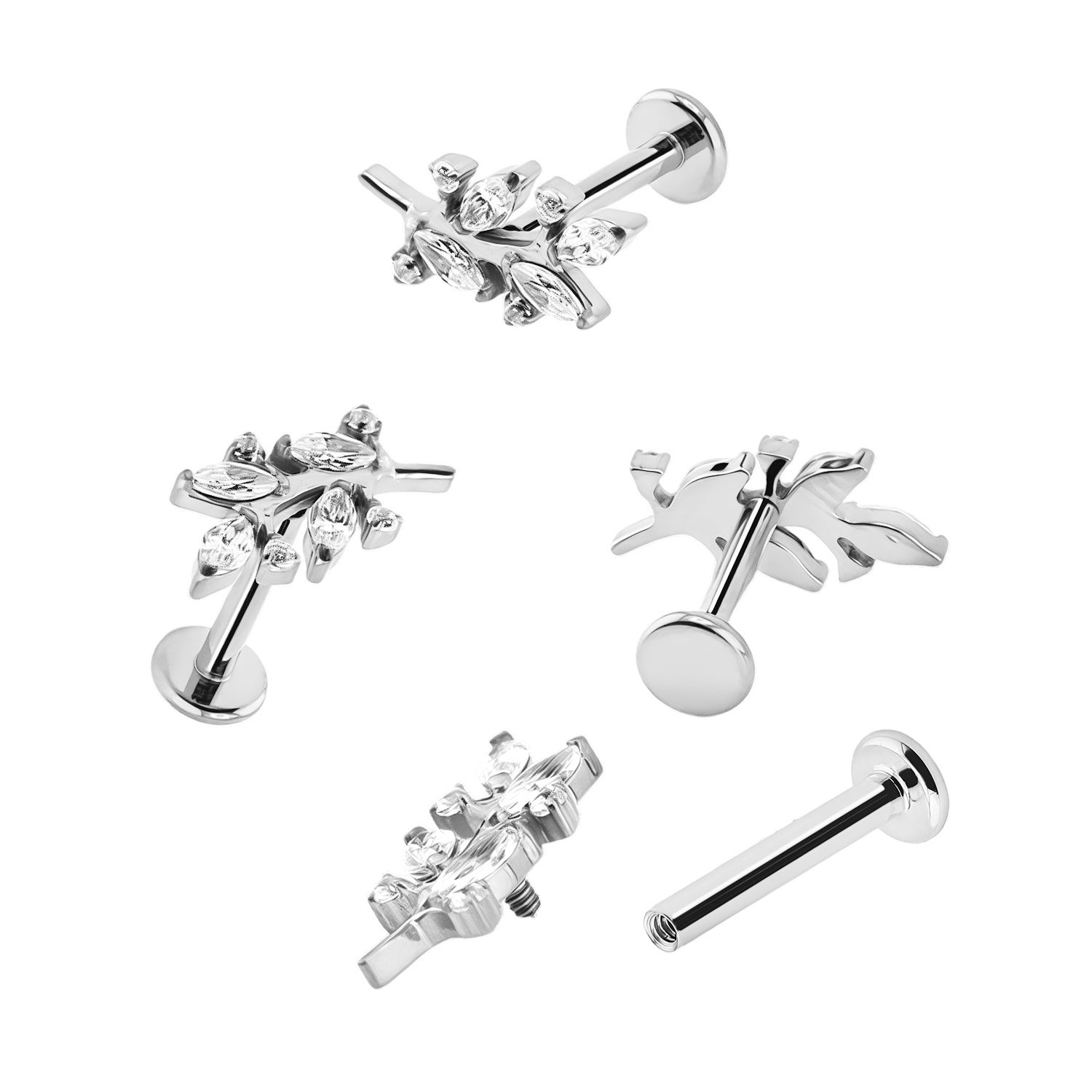 Premium Labret aus Titan G23 mit Weißgold Veredelung und Zirkonia Design - Stärke 1.2mm mit Innengewinde 0.9mm - Länge 8mm