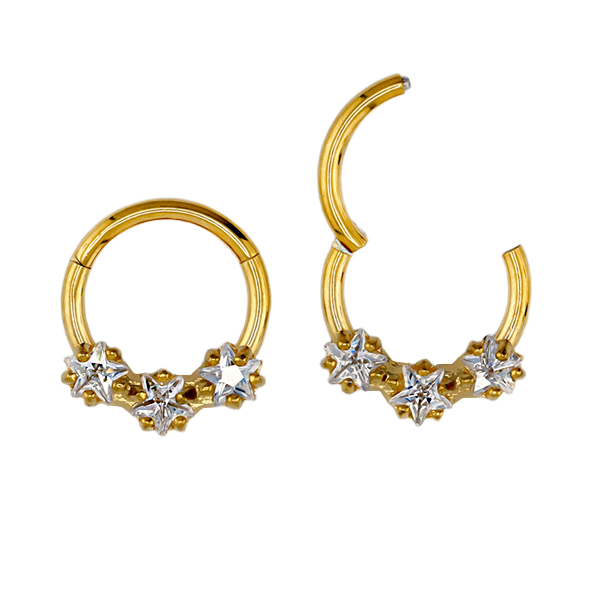 18K Gold Steel Segmentring Clicker im Stern Design mit klaren Kristallen - Stärke 1.2mm