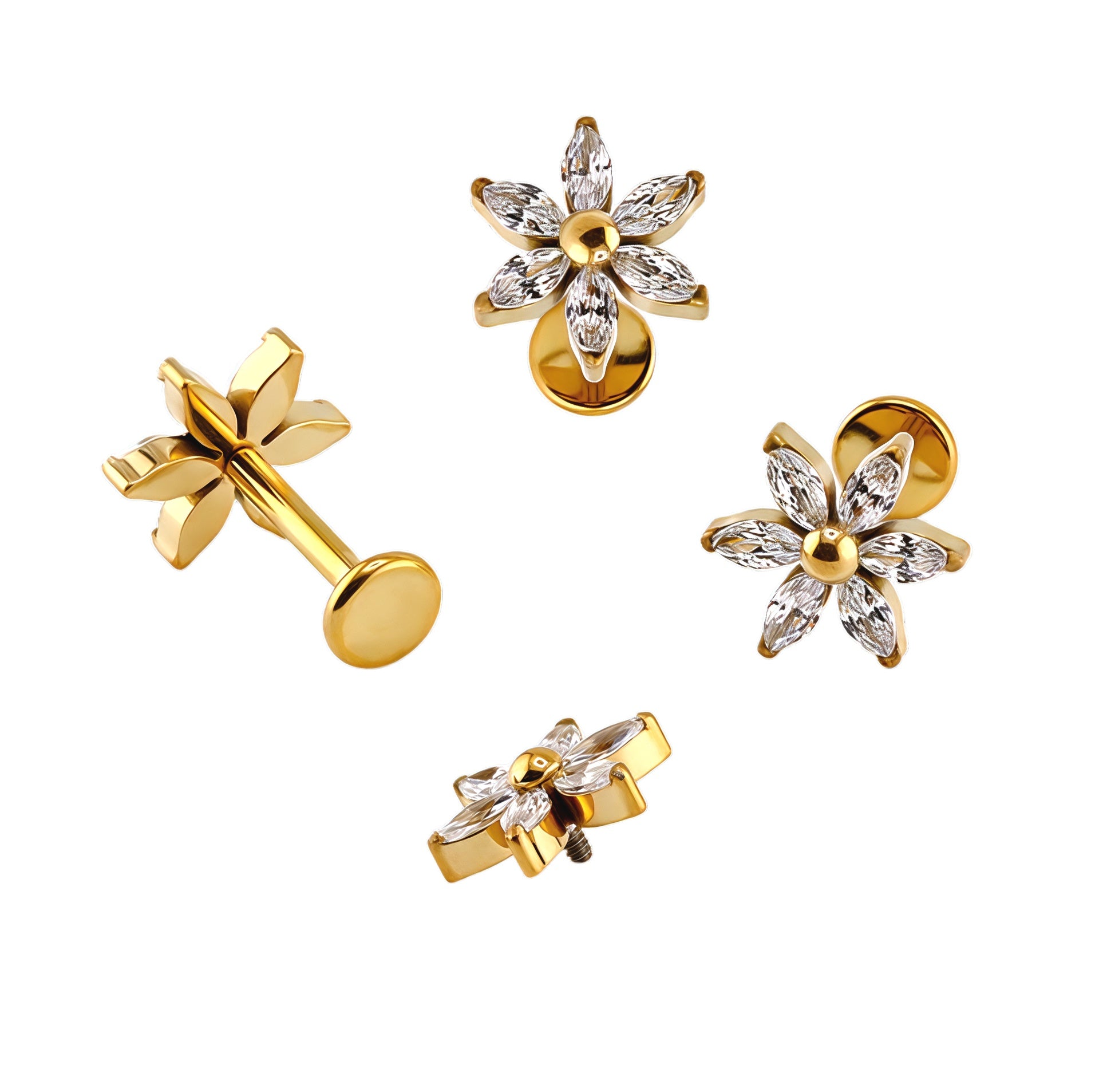 Premium Labret aus Titan G23 mit Gelbgold Veredelung und Zirkonia Blüten Design - Stärke 1.2mm mit Innengewinde 0.9mm