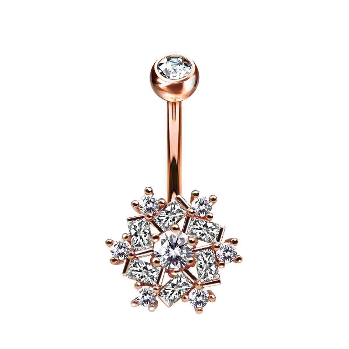 18K Rose Gold Steel Bauchnabel Banana im Schneeflocken Design mit Kristallen - CC Kristallklar