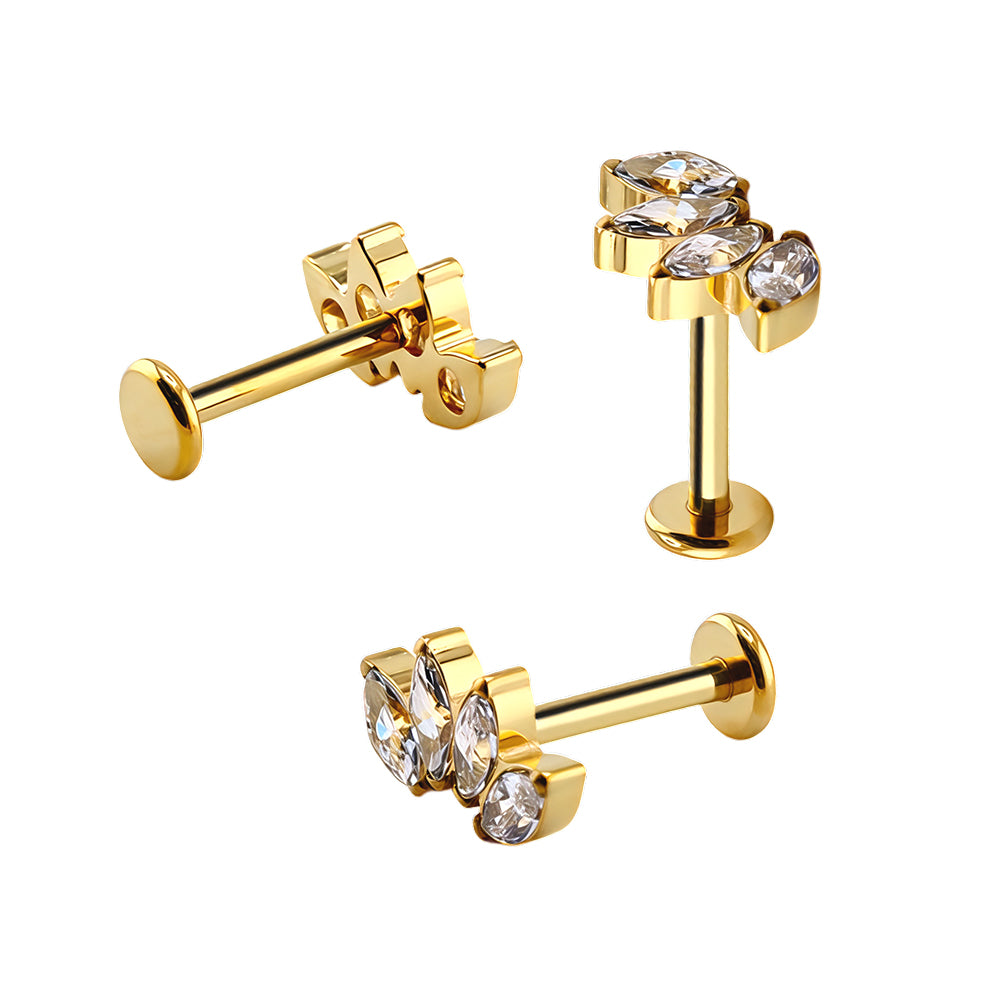 Premium Labret aus Titan G23 mit Gelbgold Veredelung und Zirkonia Design - Stärke 1.2mm mit Innengewinde 0.9mm - Länge 8mm