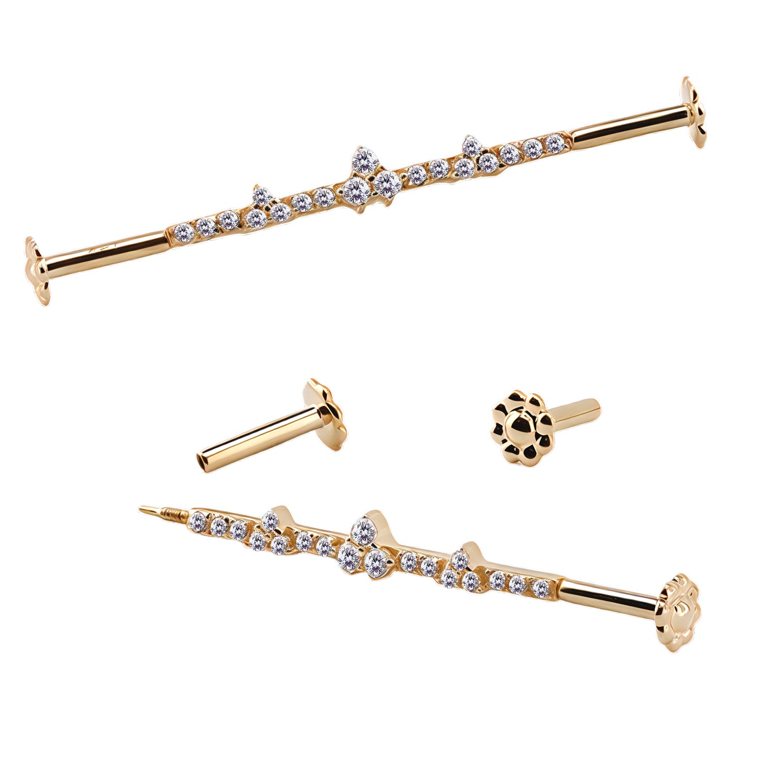 585er Echt-Gelbgold (14K) Industrial Barbell mit Innengewinde und synthetischem Diamant - Stärke 1.2mm Länge 38mm