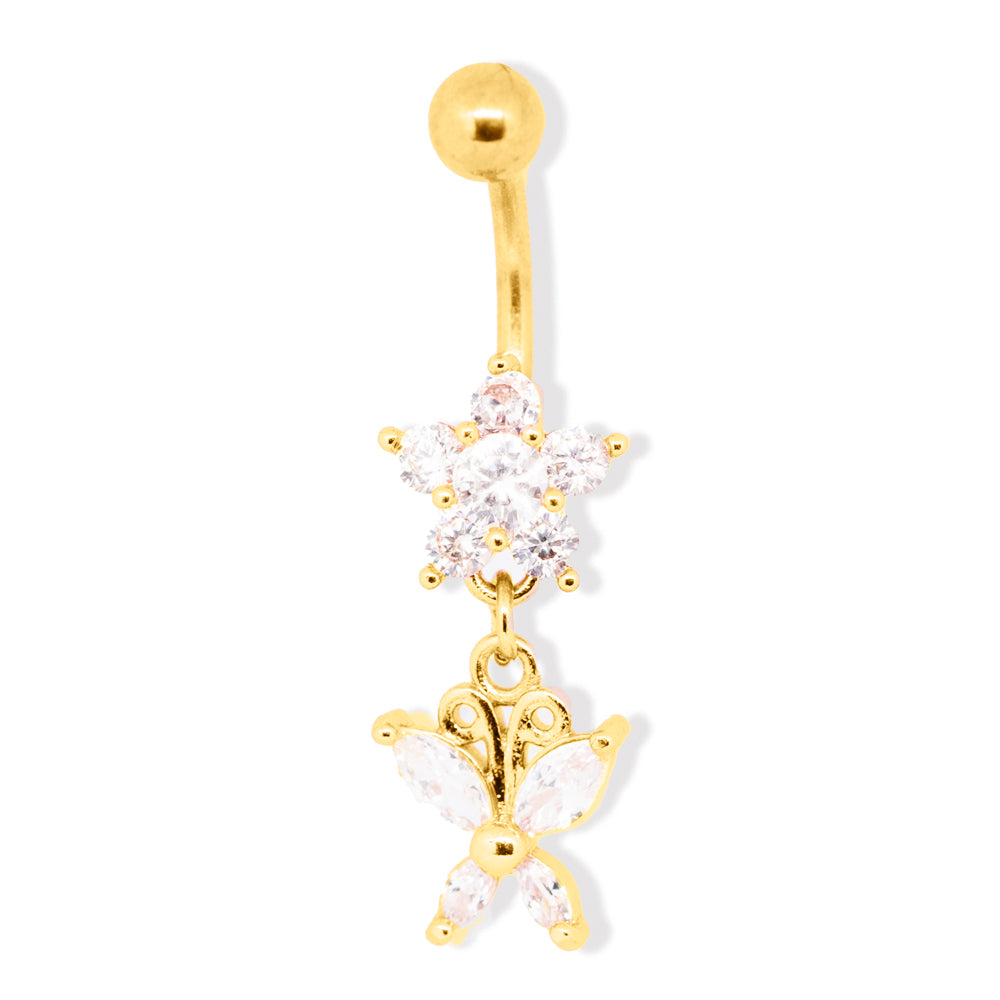 18K Gold Steel Bauchnabel Banana im Fashion Design mit Kristall - CC Kristallklar