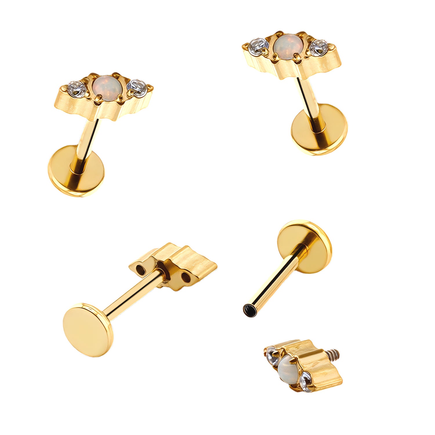 Premium Labret aus Titan G23 mit Gelbgold Veredelung und Opal Design - Stärke 1.0mm mit Innengewinde 0.9mm - Länge 8mm