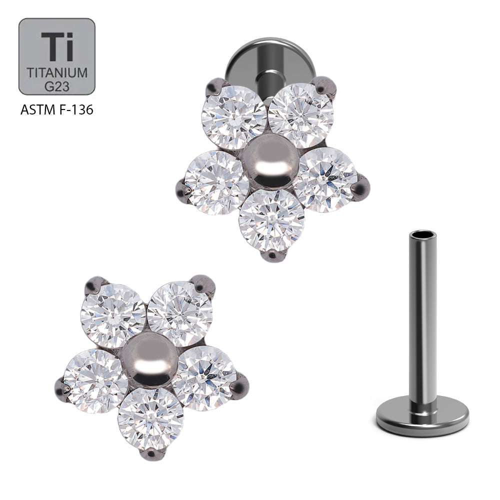 Titan G23 Labret mit Innengewinde und Zirconia im Blumen Design