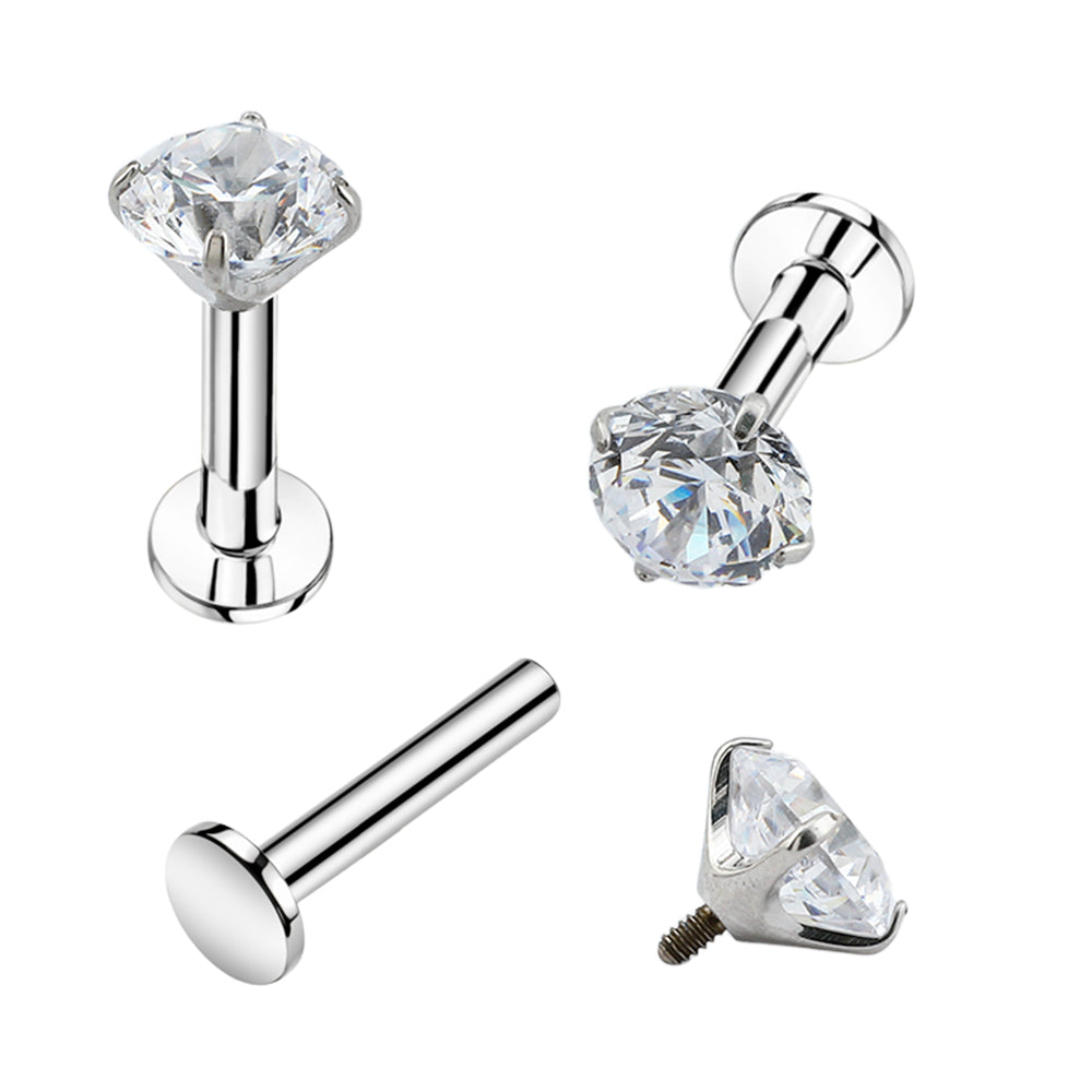 Premium Labret aus Titan G23 mit Weißgold Veredelung und Zirkonia in Krabbenfassung - Stärke 1.2mm mit Innengewinde 0.9mm