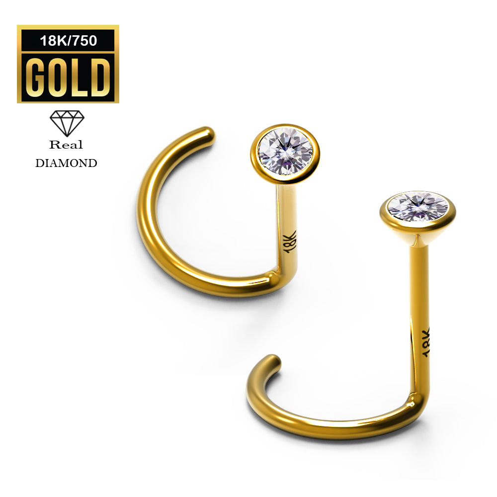 750er Echt-Gelbgold (18K) Nasenspirale mit 2.4mm Diamant - Stärke 0.6mm Länge 5mm