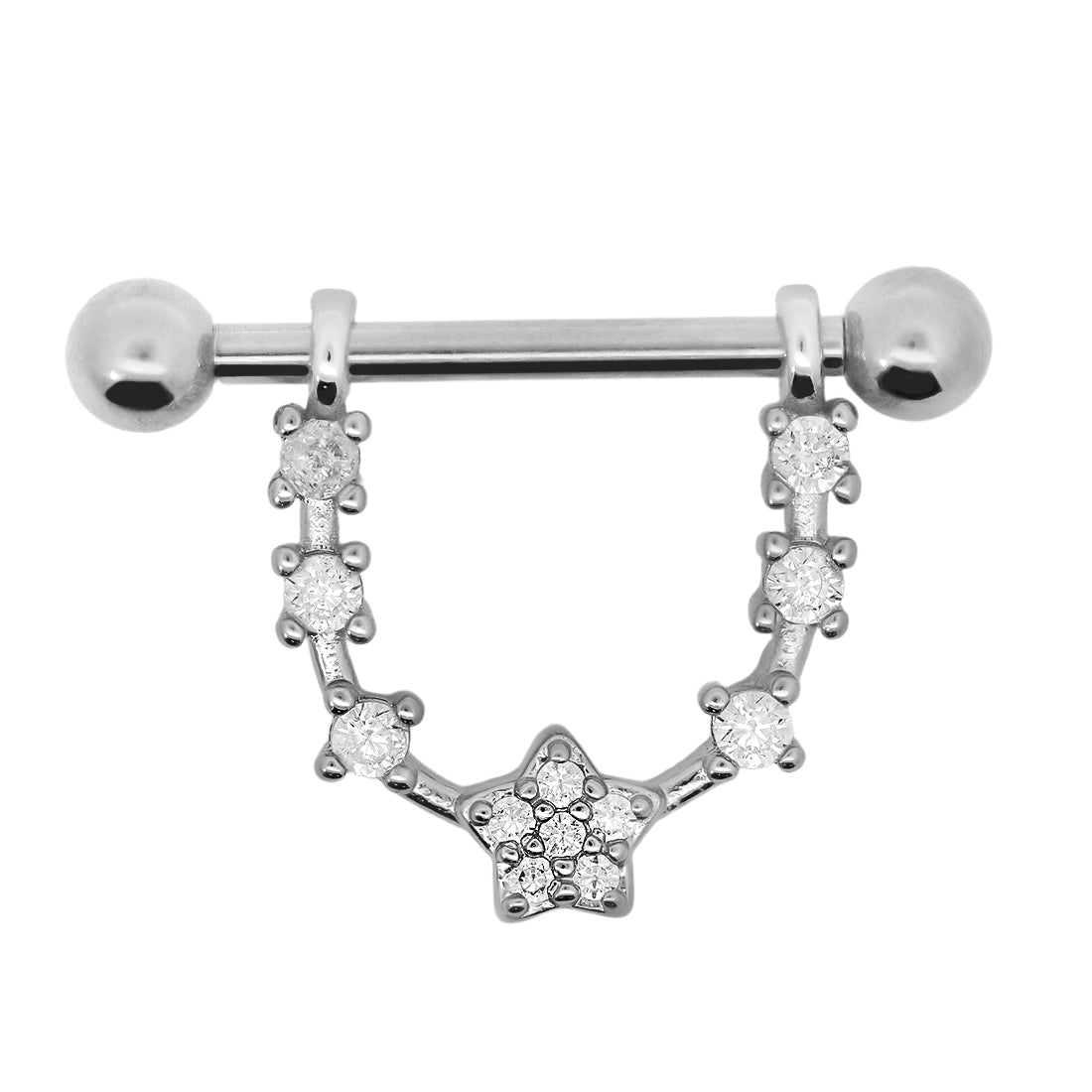 Steel 316L Nippel Piercing im Stern Design mit Kristallen/CC - Stärke 1.6mm Länge 16mm Kugeln 4mm