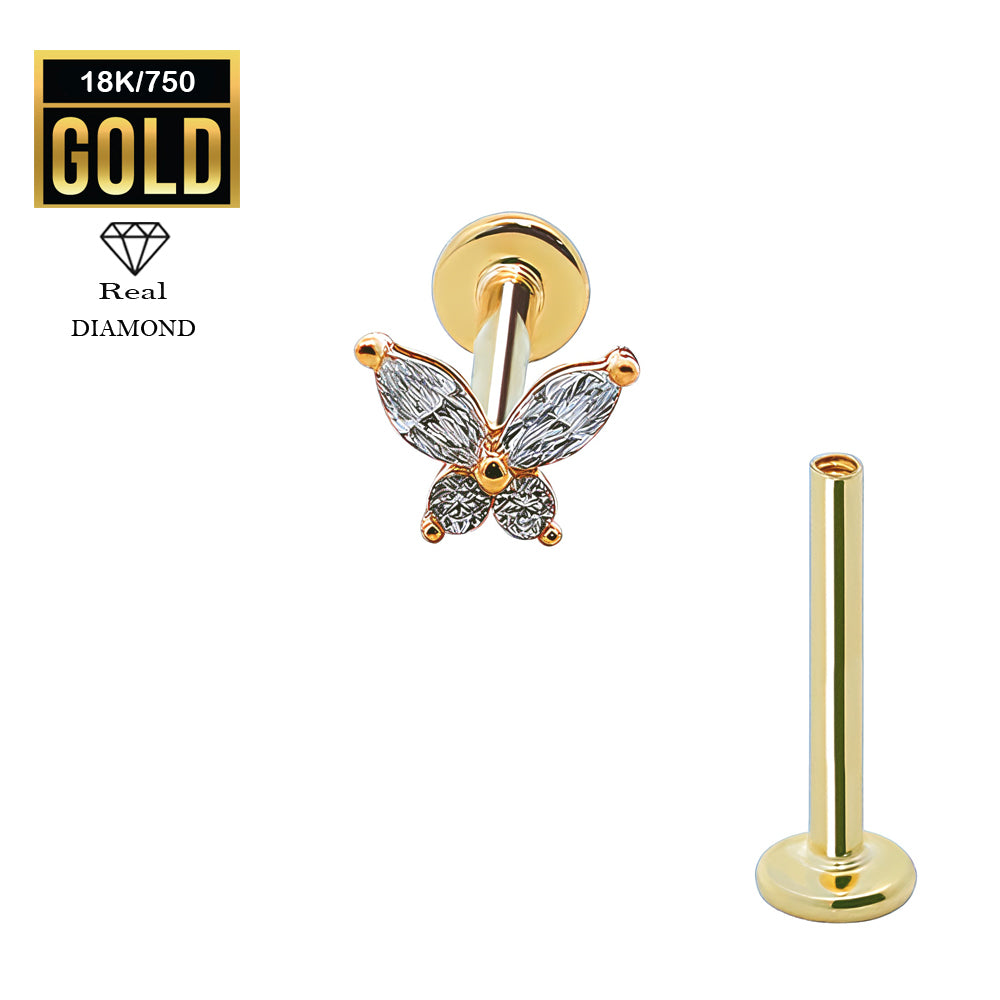 750er Echt-Gelbgold (18K) Labret mit Innengewinde und Diamanten im Schmetterling Design - Stärke 1.2mm Länge 8mm