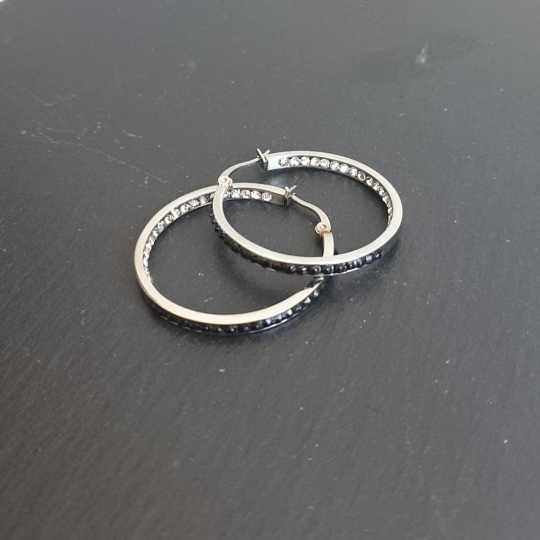S. Steel Creolen mit Kristallen - 36mm x 3mm/ Zweifarbig CC Kristallklar und JH Jet Hematite