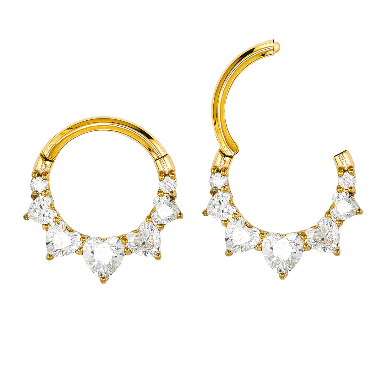 18K Gold Steel Segmentring Clicker im Herz Design mit klaren Kristallen - Stärke 1.2mm