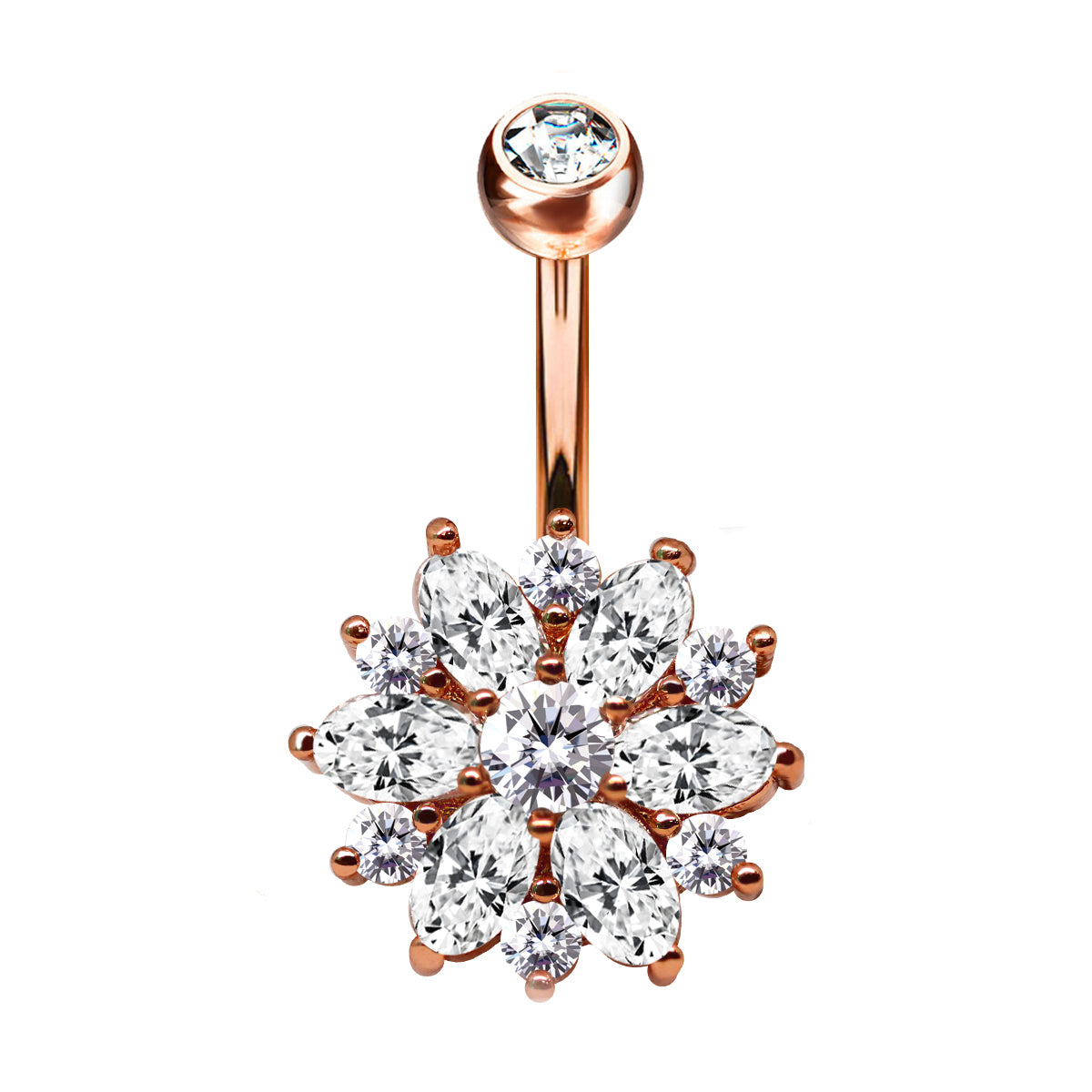 18K Rose Gold Steel Bauchnabel Banana im Schneeflocken Design mit Kristallen - CC Kristallklar