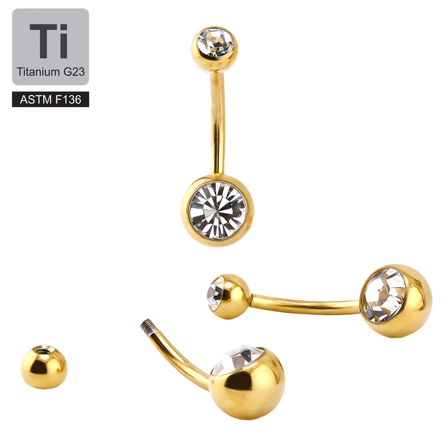18K Gold Titan Bauchnabel Banana mit Kugeln (5+8mm) - Stärke 1.6mm Länge 12mm - Double Crystal CC Kristallklar