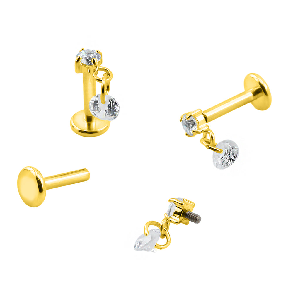 Premium Labret aus Titan G23 mit Gelbgold Veredelung und Zirkonia Design - Stärke 1.2mm mit Innengewinde 0.9mm