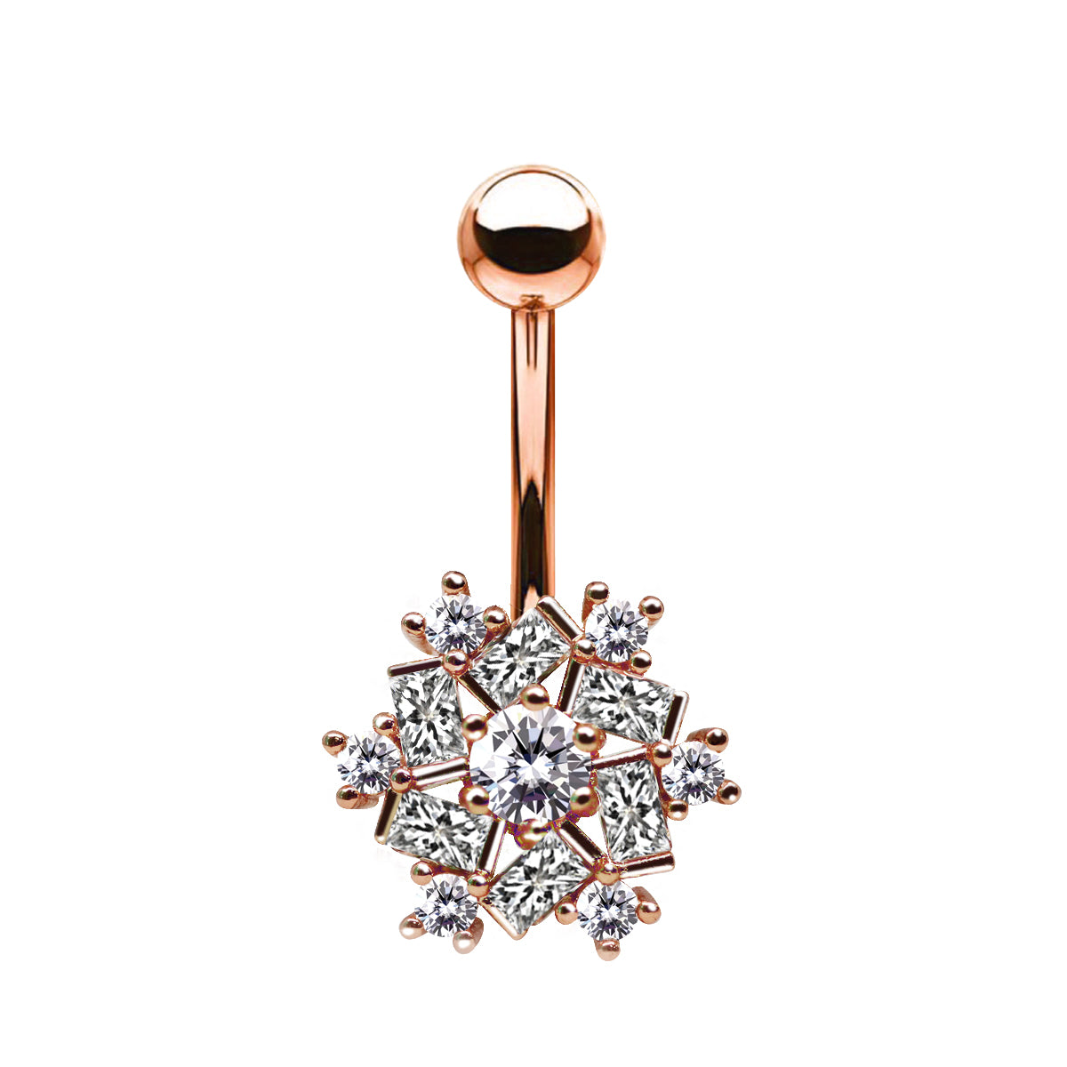 18K Rose Gold Steel Bauchnabel Banana im Schneeflocken Design mit Kristallen - CC Kristallklar