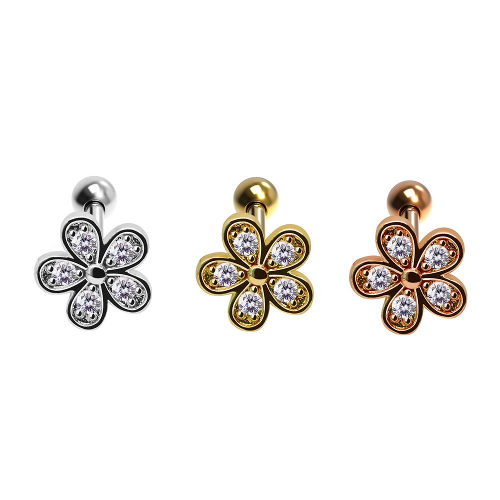 Steel 316L Barbell in Flower Design with Crystals - CC Crystal Clear