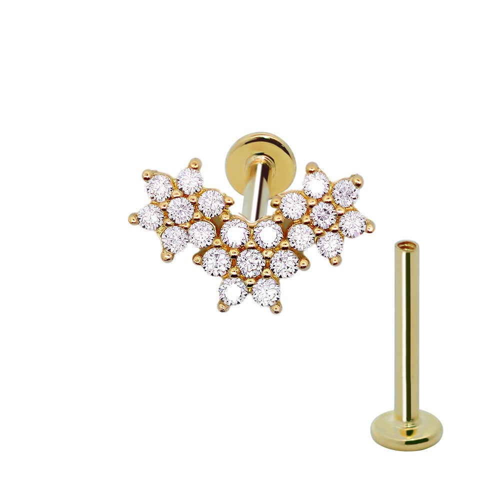585er Echt-Gelbgold (14K) Labret mit Innengewinde und synthetischem Diamanten im Blumen Design - Länge 8mm