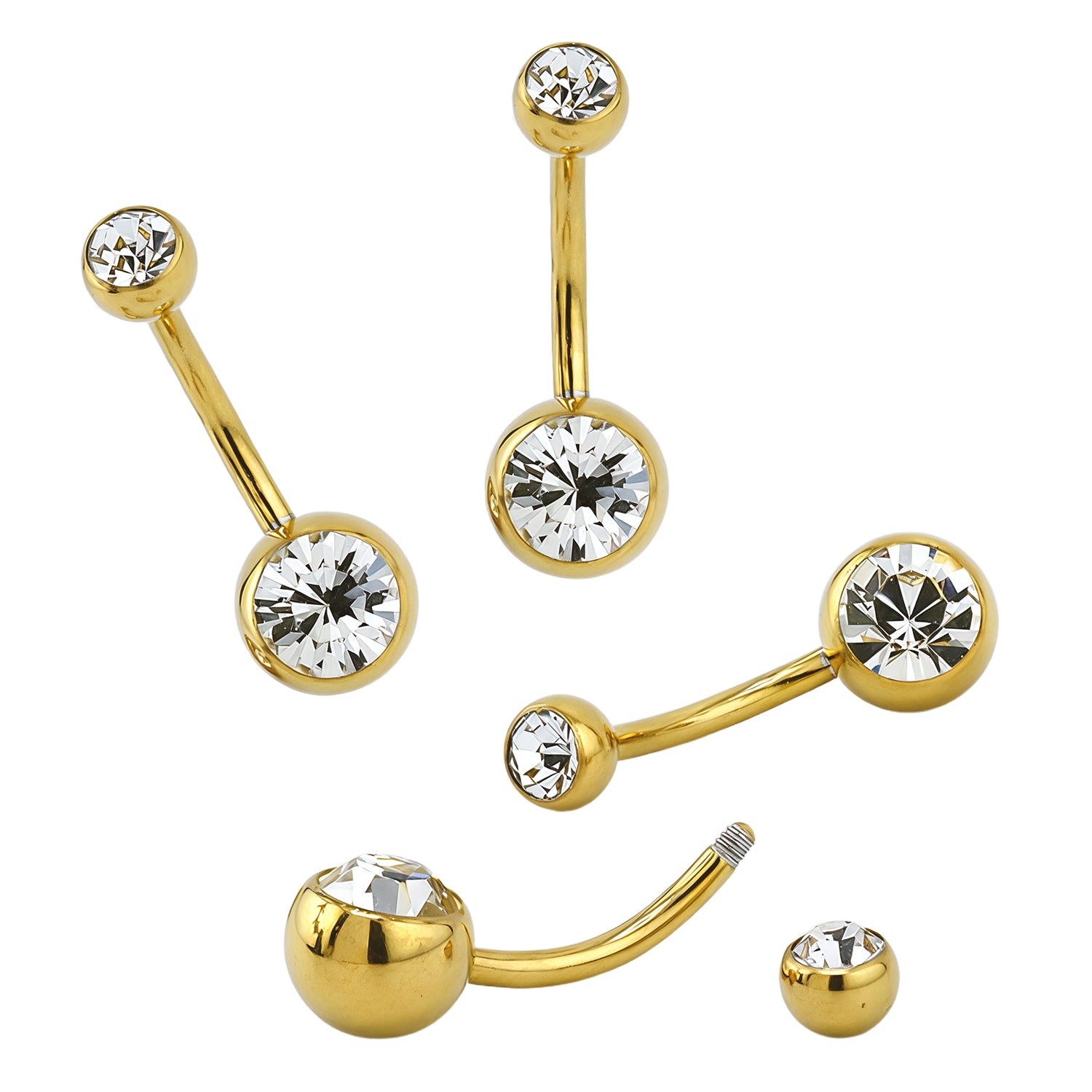 SONDERLÄNGEN 18K Gold Steel Bauchnabel Banana mit Kugeln (5+8mm) - Stärke 1.6mm - Double Crystal