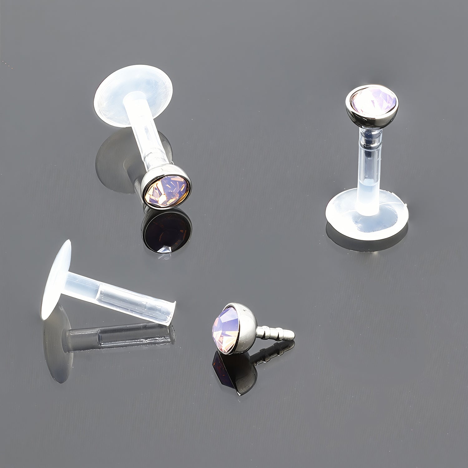 Push-In Bioflex Labret mit Steel Top und 3mm Opal Kristall in Light Rose - Stärke 1.2mm