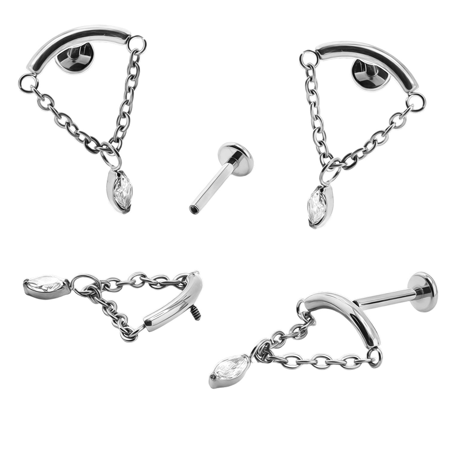 Premium Hidden Helix/ Rook Labret aus Titan G23 mit Weißgold Veredelung und Premium Kristall - Stärke 1.2mm mit Innengewinde 0.9mm - Länge 8mm