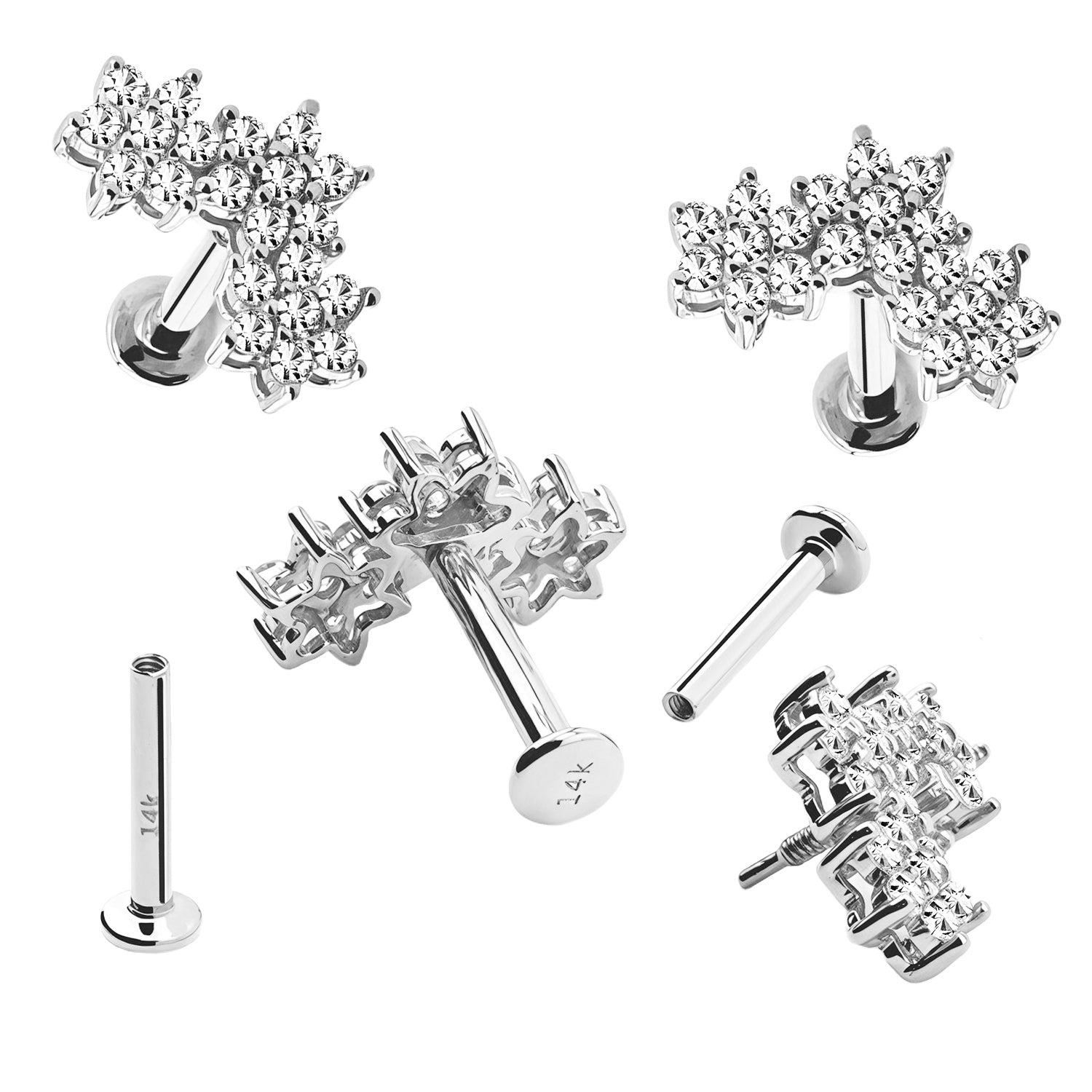 585er Echt-Weißgold (14K)Labret mit Innengewinde und synthetischen Diamanten im Blumen Design