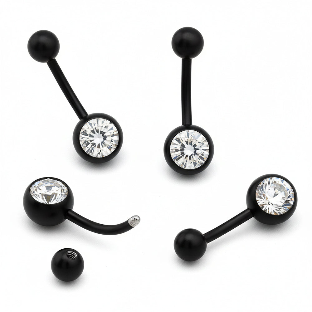 SONDERLÄNGEN Black Steel Bauchnabel Banana - Stärke 1.6mm mit 5+8mm Kugeln - Single Crystal