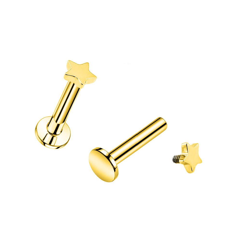 Premium Labret aus Titan G23 mit Gelbgold Veredelung und Stern Design - Stärke 1.2mm mit Innengewinde 0.9mm